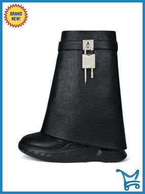 Faux Leather Fold Over Platform Wedge Ankle Boots with Padlock